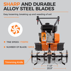 Efurden Gas Tiller Cultivator, 7HP 212cc Gas Powered Engine Tiller Cultivator for Garden Lawn Soil Cultivation, Weeding & Digging