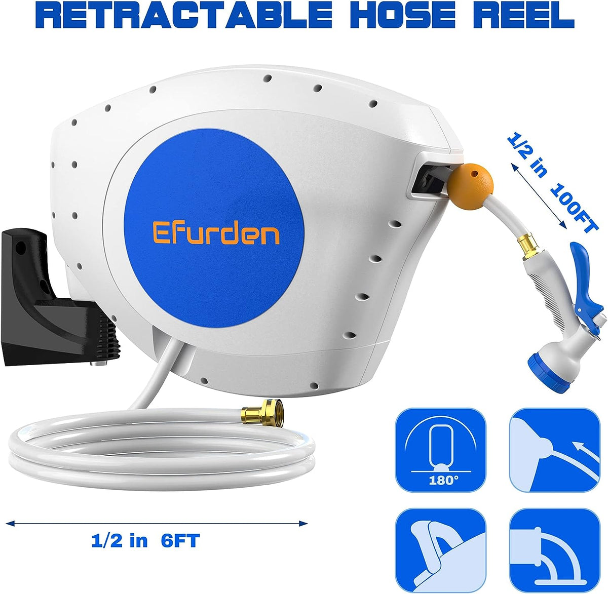 Efurden Retractable Hose Reel, 1/2 Inch x 130ft Wall Mounted Garden Hose  Reel with 180 Deg Swivel Bracket and Automatic Rewind