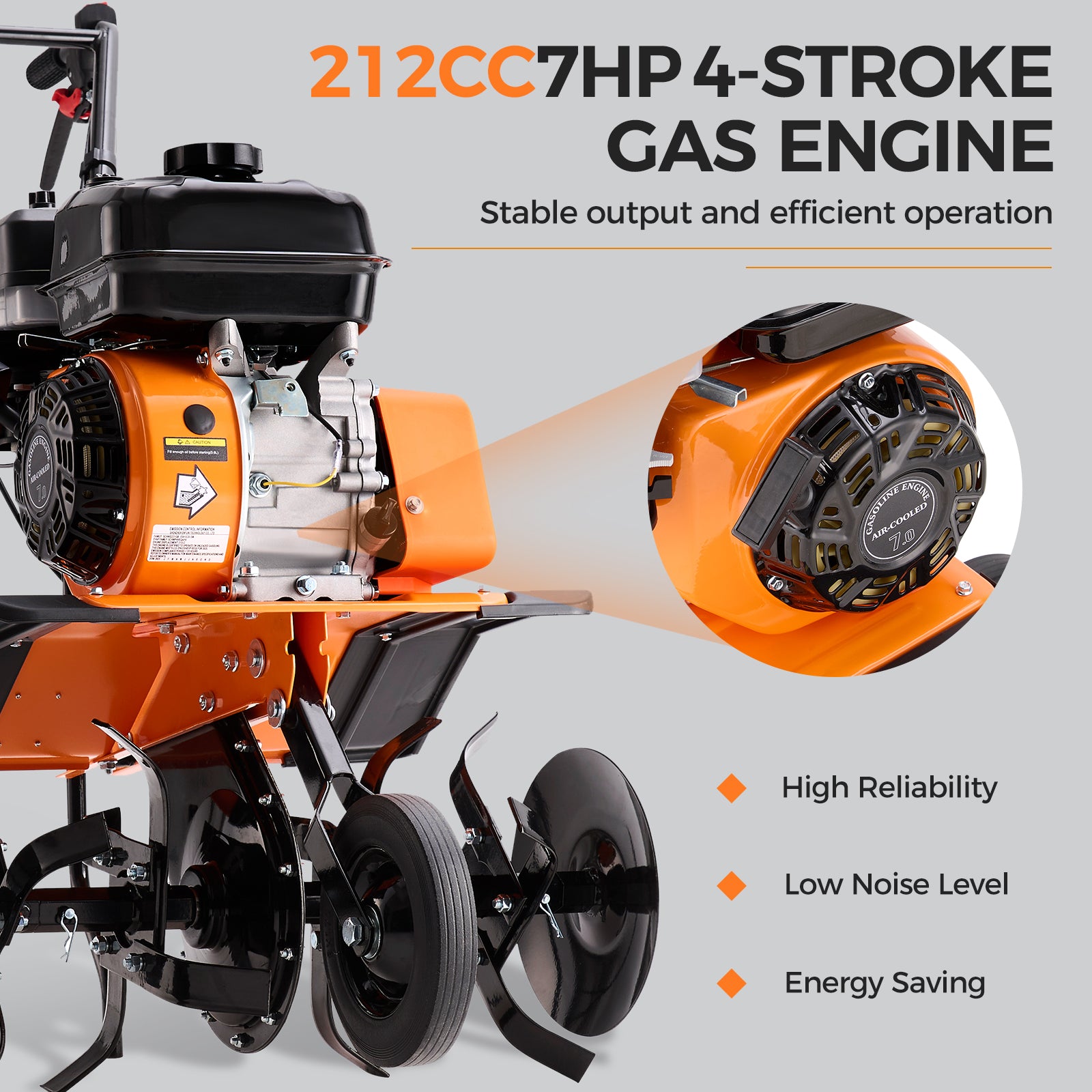 Efurden Gas Tiller Cultivator, 7HP 212cc Gas Powered Engine Tiller Cultivator for Garden Lawn Soil Cultivation, Weeding & Digging