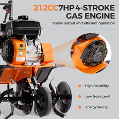 Efurden Gas Tiller Cultivator, 7HP 212cc Gas Powered Engine Tiller Cultivator for Garden Lawn Soil Cultivation, Weeding & Digging