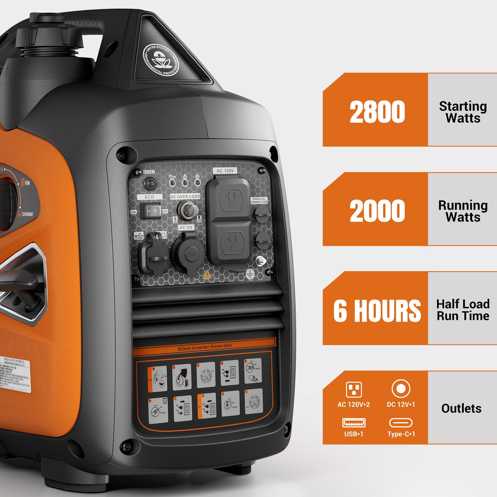 Efurden 2800W Portable Inverter Generator – Ultra-Quiet Gas Powered with ECO Mode & CO Sensor, EPA Compliant for RV, Camping & Home Backup