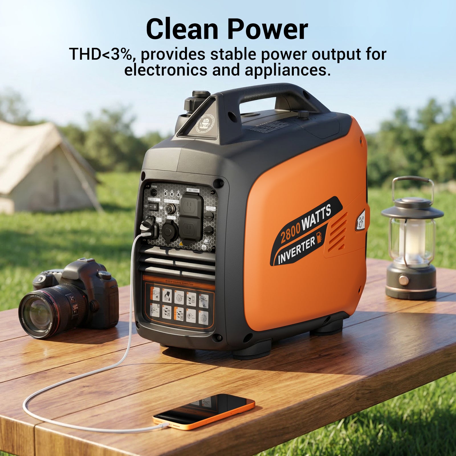 Efurden 2800W Portable Inverter Generator – Ultra-Quiet Gas Powered with ECO Mode & CO Sensor, EPA Compliant for RV, Camping & Home Backup