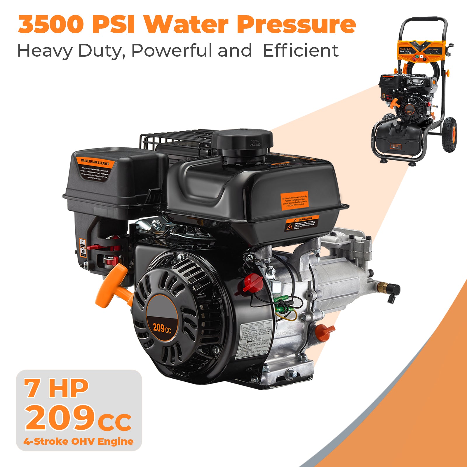 Efurden 3600 PSI 2.3 GPM Gas Pressure Washer with 209cc OHV Engine – for Walls, Terraces, Vehicles, and Garden