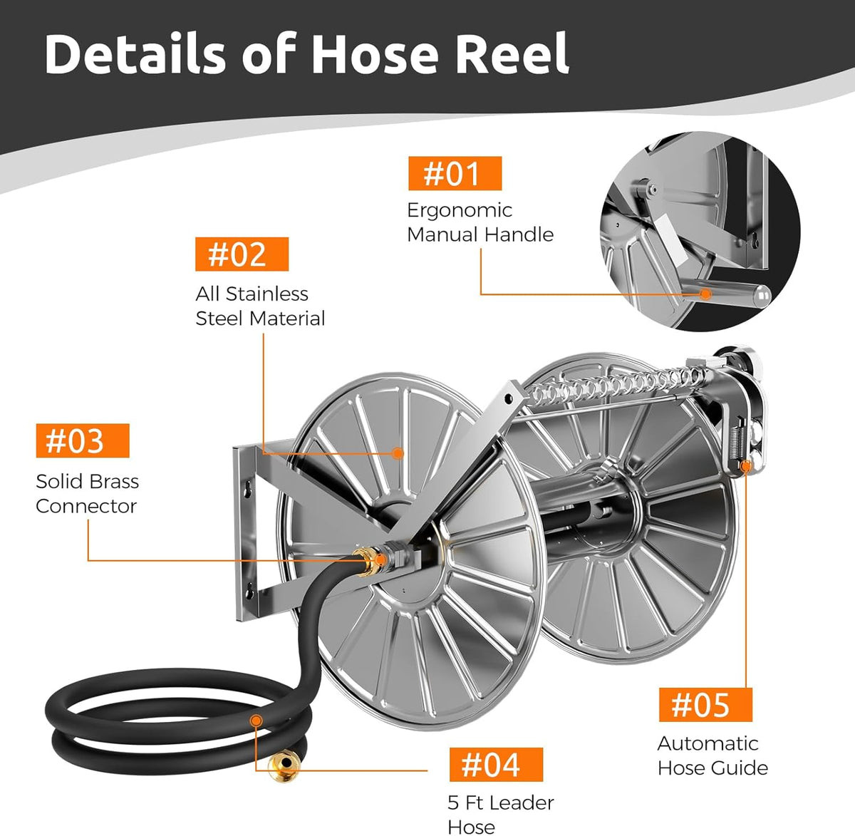 Efurden Stainless Steel Garden Hose Reel with 5 Ft Leader Hose