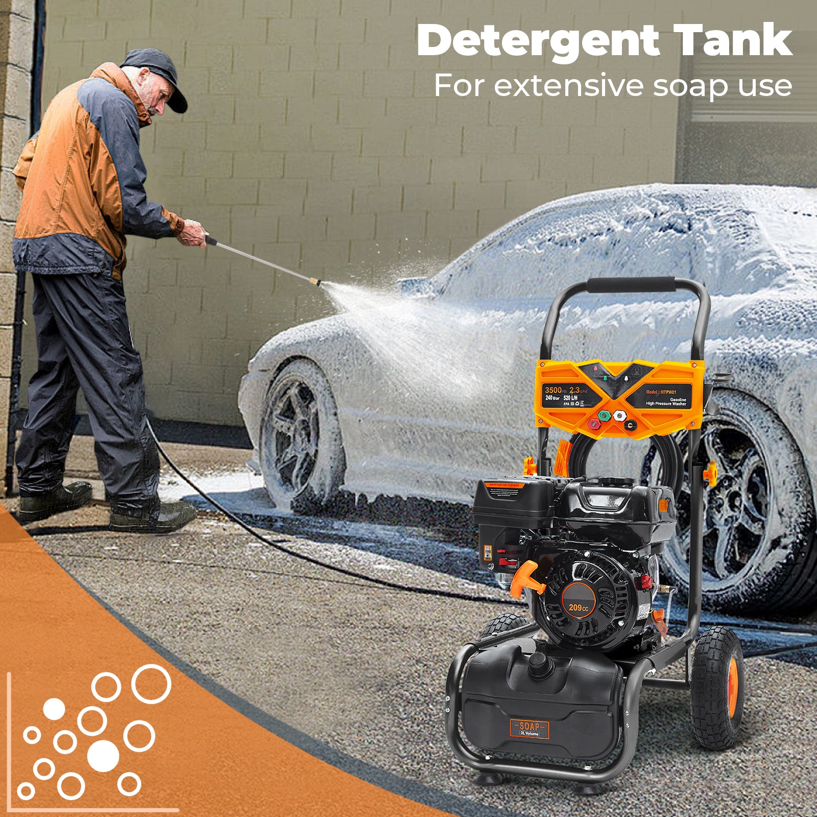 Efurden 3600 PSI 2.3 GPM Gas Pressure Washer with 209cc OHV Engine – for Walls, Terraces, Vehicles, and Garden