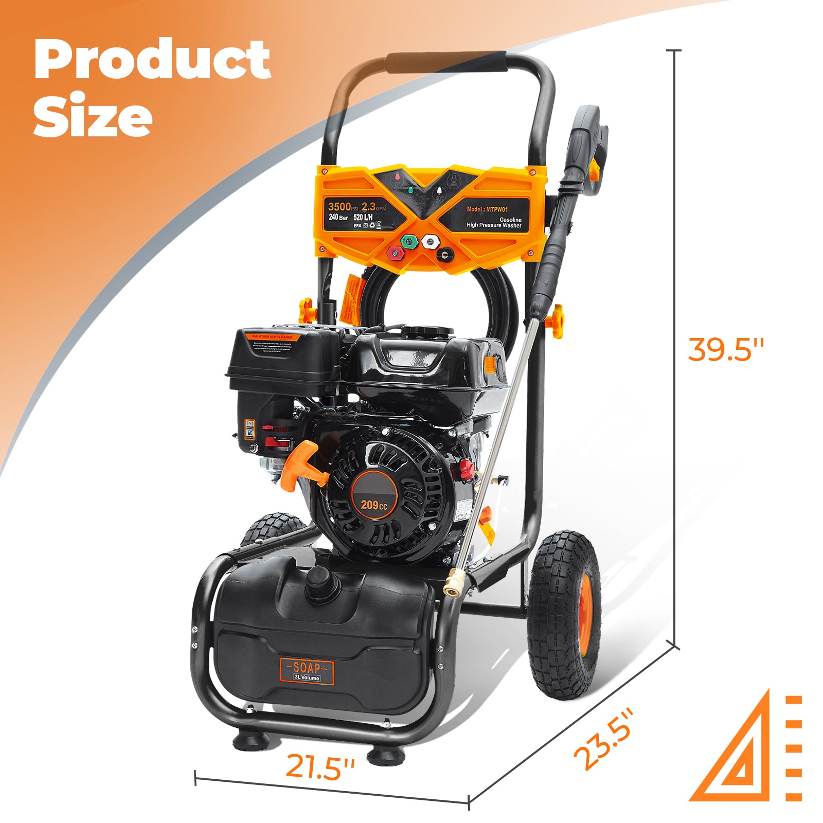 Efurden 3600 PSI 2.3 GPM Gas Pressure Washer with 209cc OHV Engine – for Walls, Terraces, Vehicles, and Garden