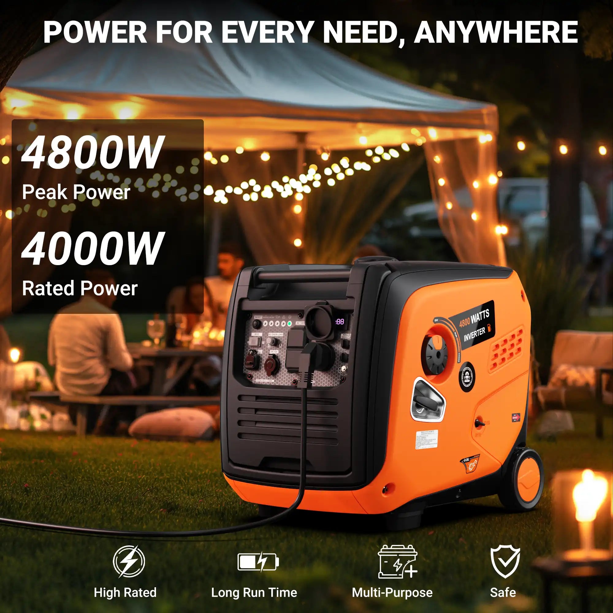 Efurden 4800W Portable Inverter Generator – Ultra-Quiet Gas Powered with ECO Mode & CO Sensor, EPA Compliant for RV, Camping & Home Backup