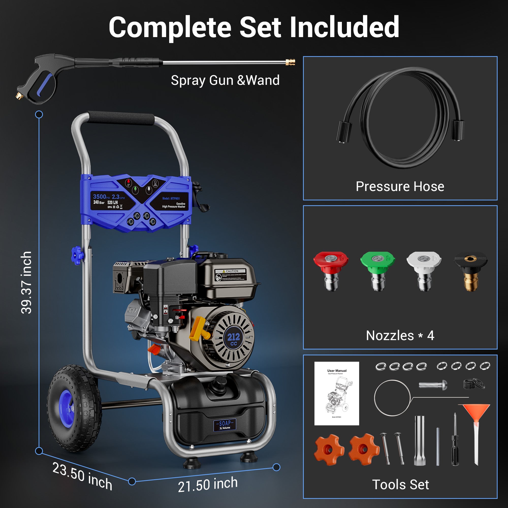 Efurden 3500PSI Gas Pressure Washer, 2.5GPM Gas Powered High Pressure Clean Machine with 212CC Engine, 4 Adjustable Nozzles for Cleaning Walls, Terraces, Vehicles, Gardens (Blue)