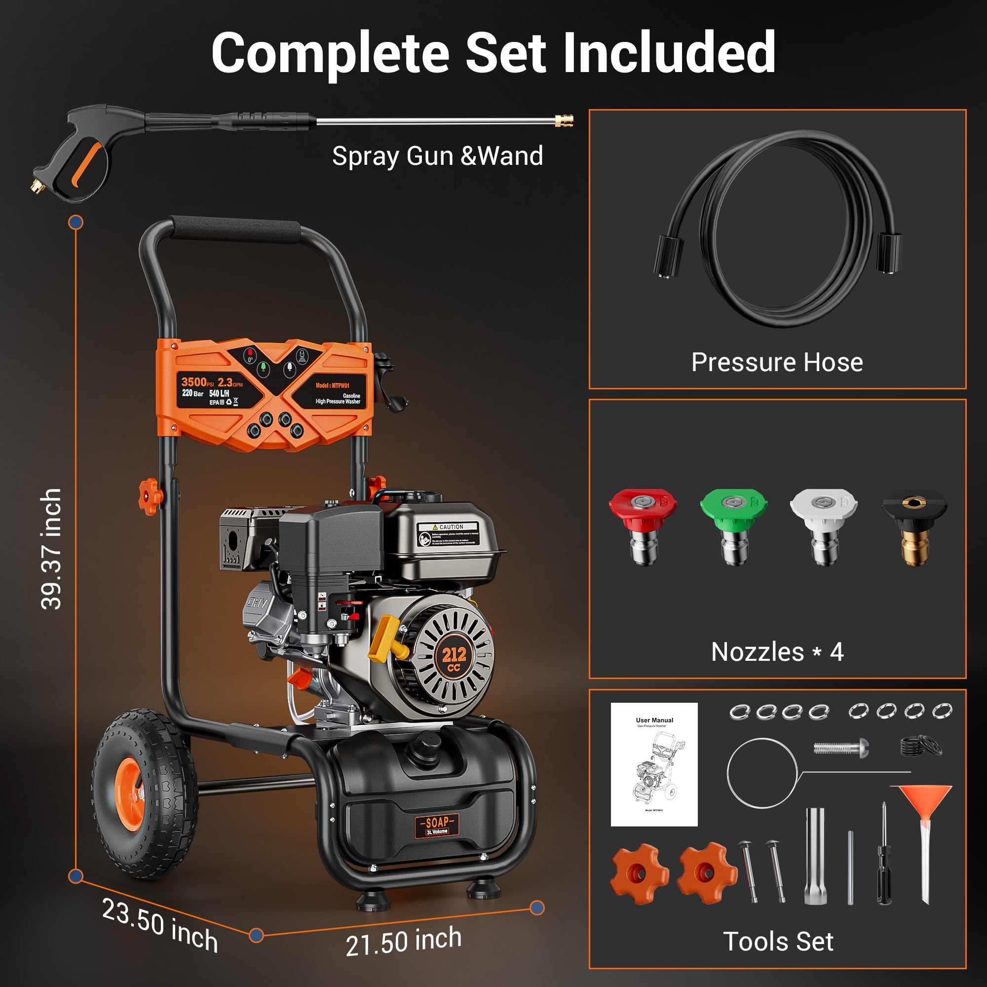 Efurden Gas Power Washer, 3500PSI, 2.3GPM, 212CC Engine, 4 Nozzles, Ideal for Cleaning Walls, Terraces, Vehicles, Gardens(Orange)
