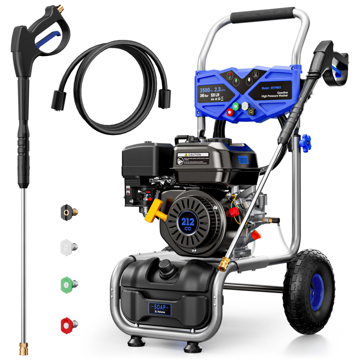Efurden 3500PSI Gas Pressure Washer, 2.5GPM Gas Powered High Pressure Clean Machine with 212CC Engine, 4 Adjustable Nozzles for Cleaning Walls, Terraces, Vehicles, Gardens (Blue)