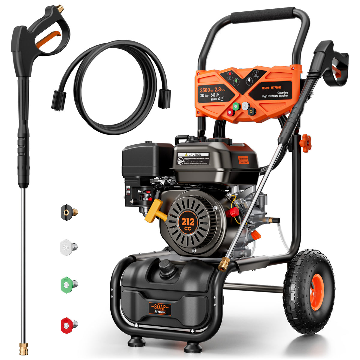 Efurden Gas Power Washer, 3500PSI, 2.3GPM, 212CC Engine, 4 Nozzles, Ideal for Cleaning Walls, Terraces, Vehicles, Gardens(Orange)