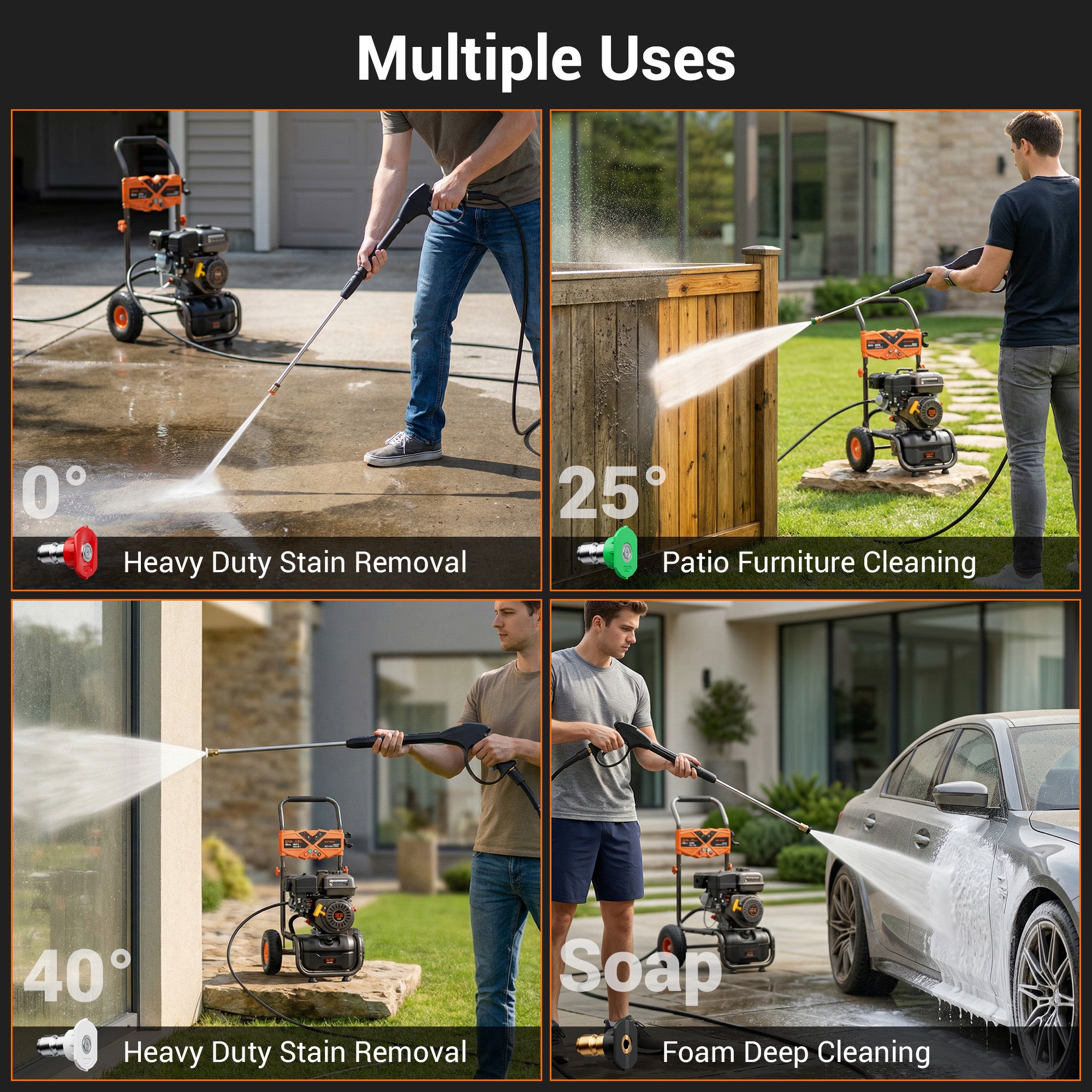 Efurden Gas Power Washer, 3500PSI, 2.3GPM, 212CC Engine, 4 Nozzles, Ideal for Cleaning Walls, Terraces, Vehicles, Gardens(Orange)