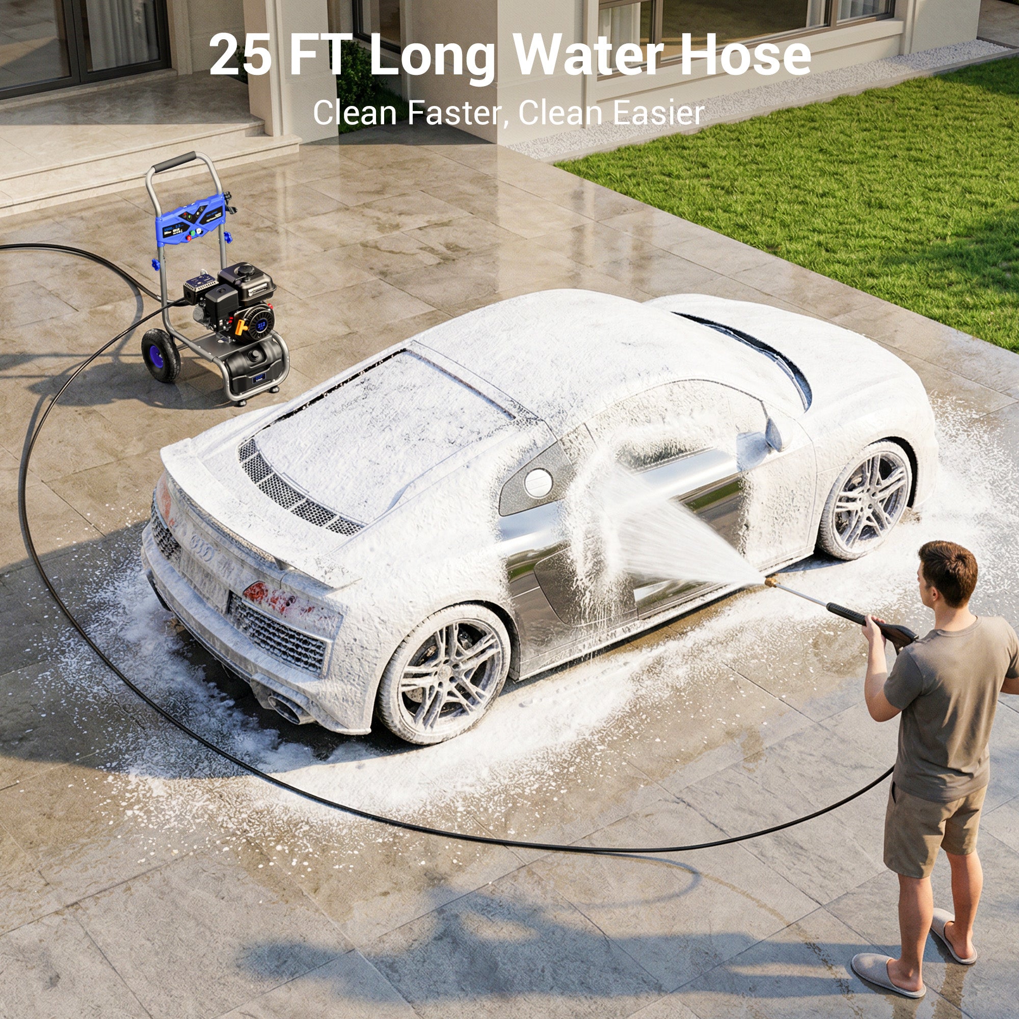 Efurden 3500PSI Gas Pressure Washer, 2.5GPM Gas Powered High Pressure Clean Machine with 212CC Engine, 4 Adjustable Nozzles for Cleaning Walls, Terraces, Vehicles, Gardens (Blue)