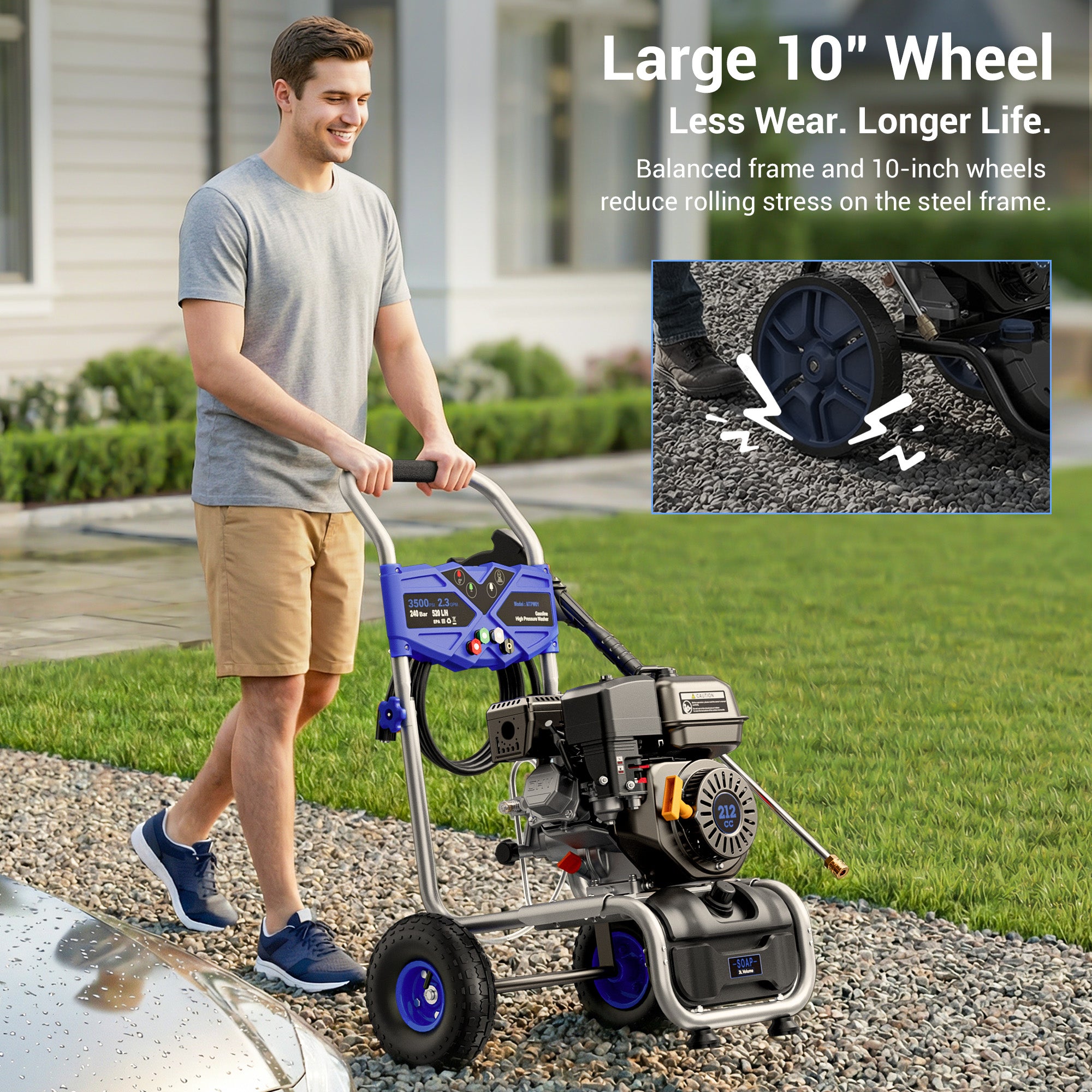 Efurden 3500PSI Gas Pressure Washer, 2.5GPM Gas Powered High Pressure Clean Machine with 212CC Engine, 4 Adjustable Nozzles for Cleaning Walls, Terraces, Vehicles, Gardens (Blue)