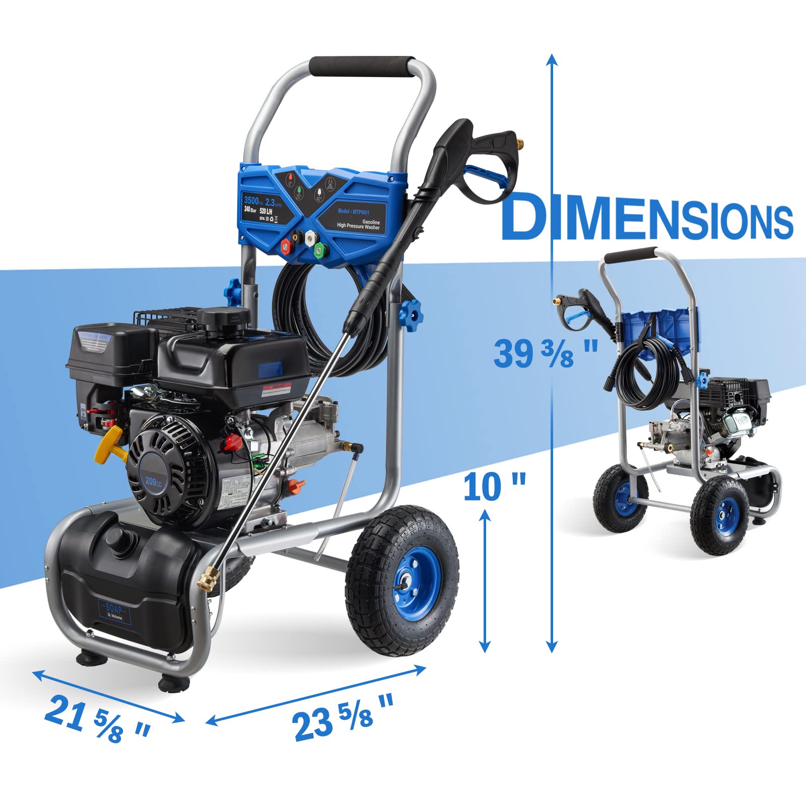 Efurden 3600 PSI 2.3 GPM Gas Pressure Washer with 209cc OHV Engine – for Walls, Terraces, Vehicles, and Garden